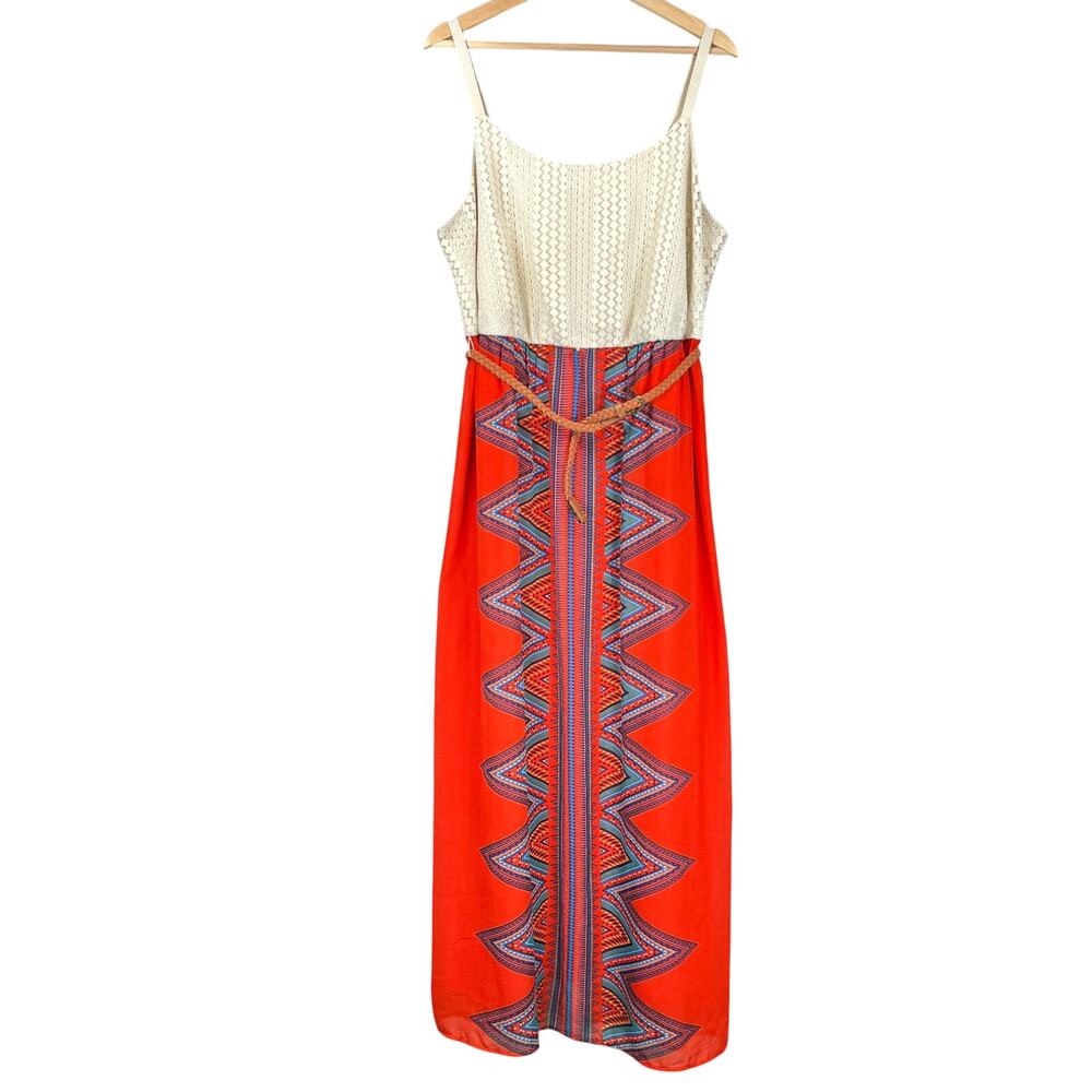 As‎ U Wish Crochet Geometric Print Maxi Dress Womens 2X Belted Orange Cream Blue